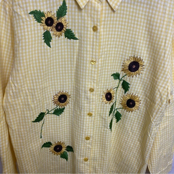 Vintage 90s Floral Embroidered Summer Sunflower Button Down Shirt Blouse - C34 - Picture 2 of 5